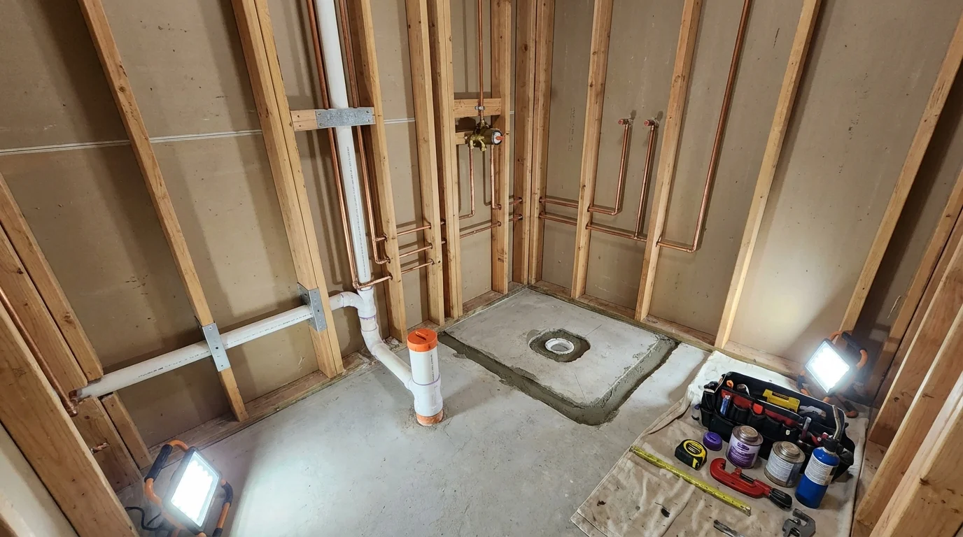 Bathroom rough-in plumbing during remodel by Johns Plumbing LLC in Fredonia
