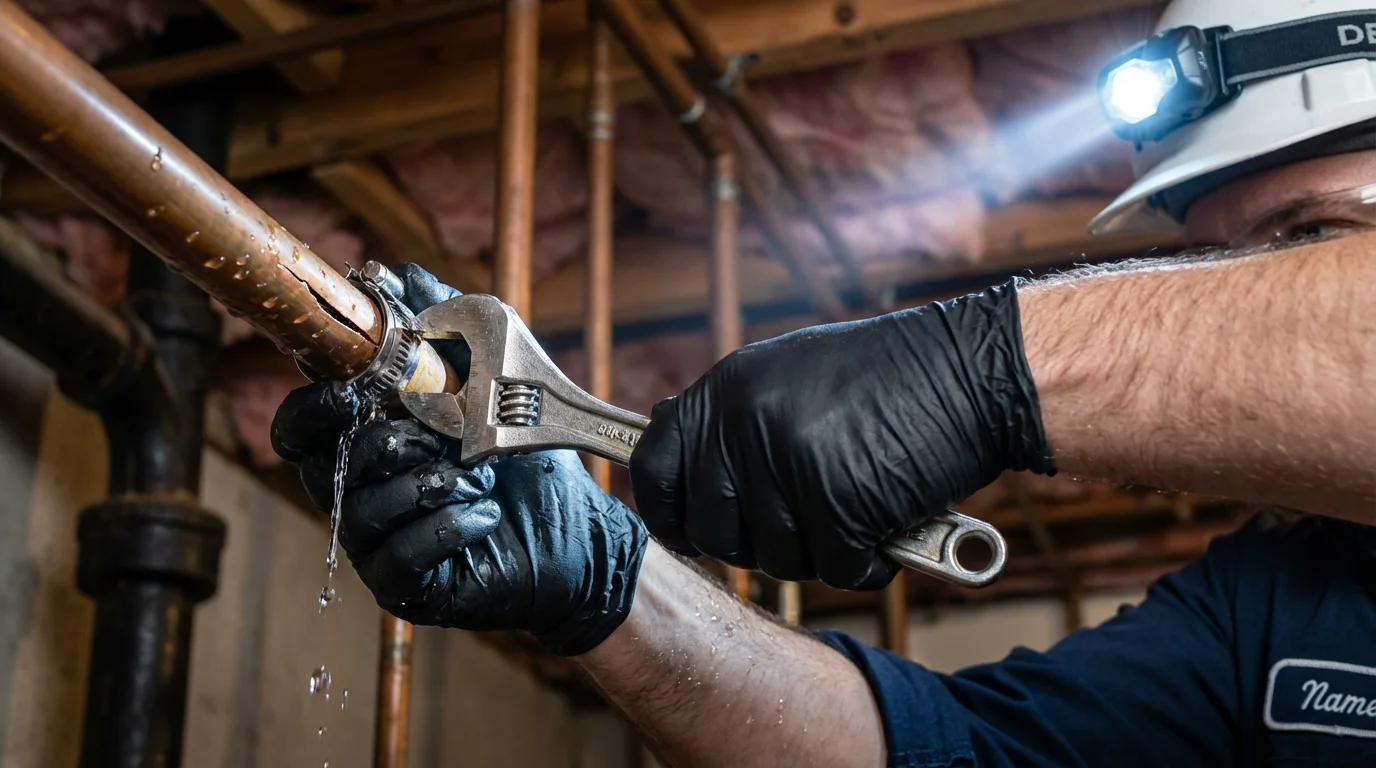 Emergency pipe clamp repair being performed by a Johns Plumbing LLC plumber in Fredonia