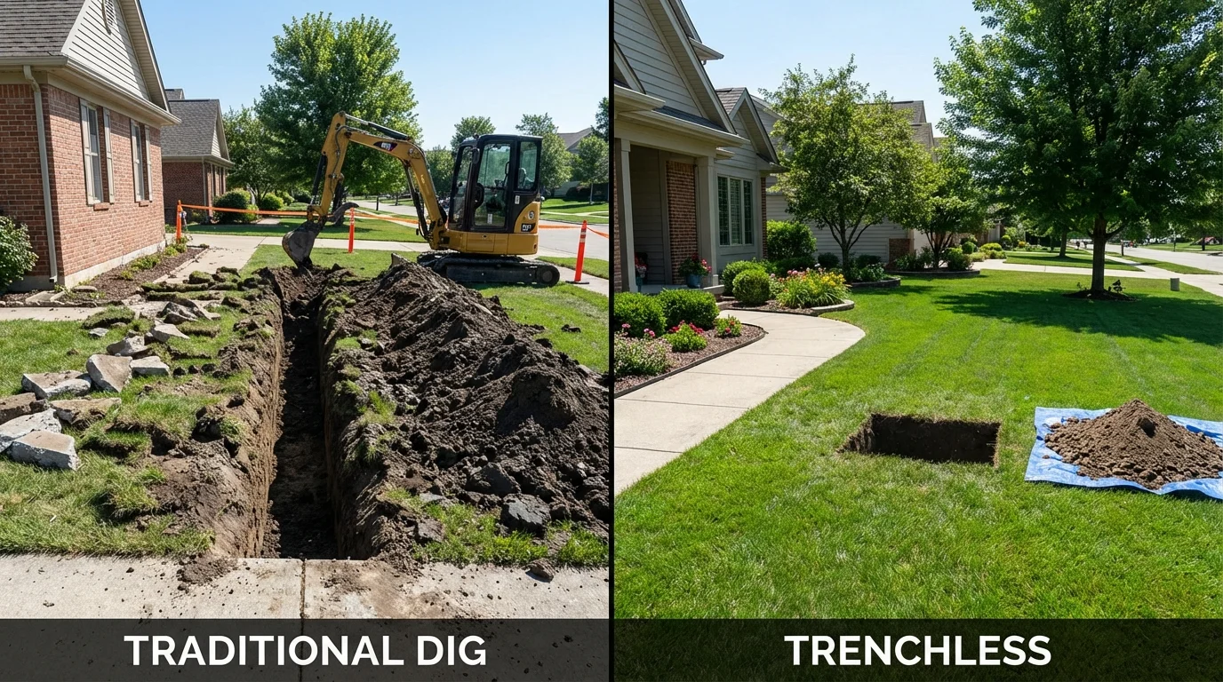 Trenchless sewer repair with minimal yard damage versus traditional excavation in Fredonia, KS